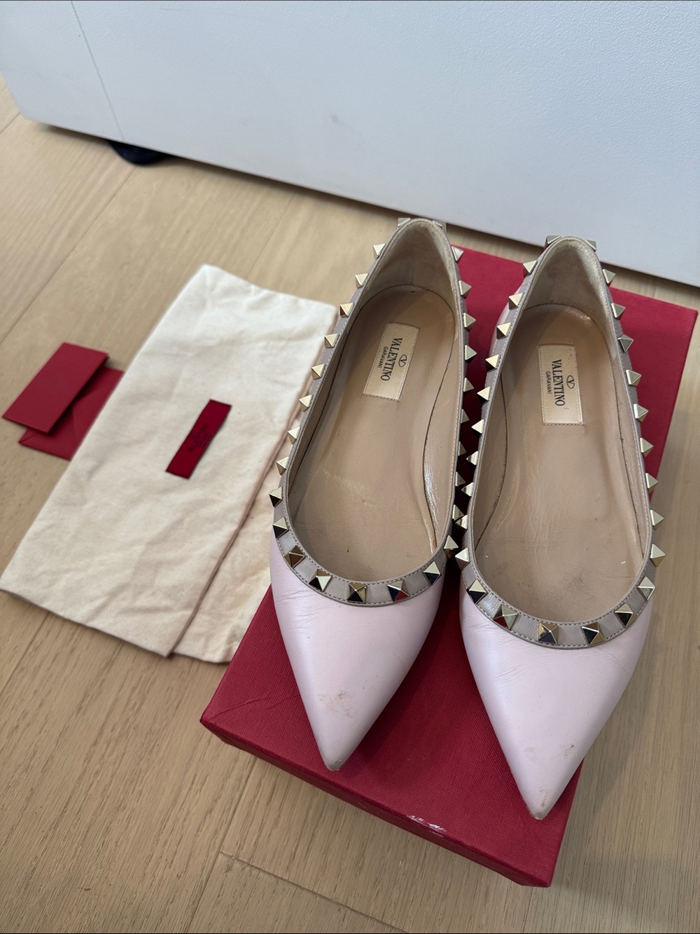 Valentino Garavani Pink Leather Rockstud Pointed Flats with Gold Studs